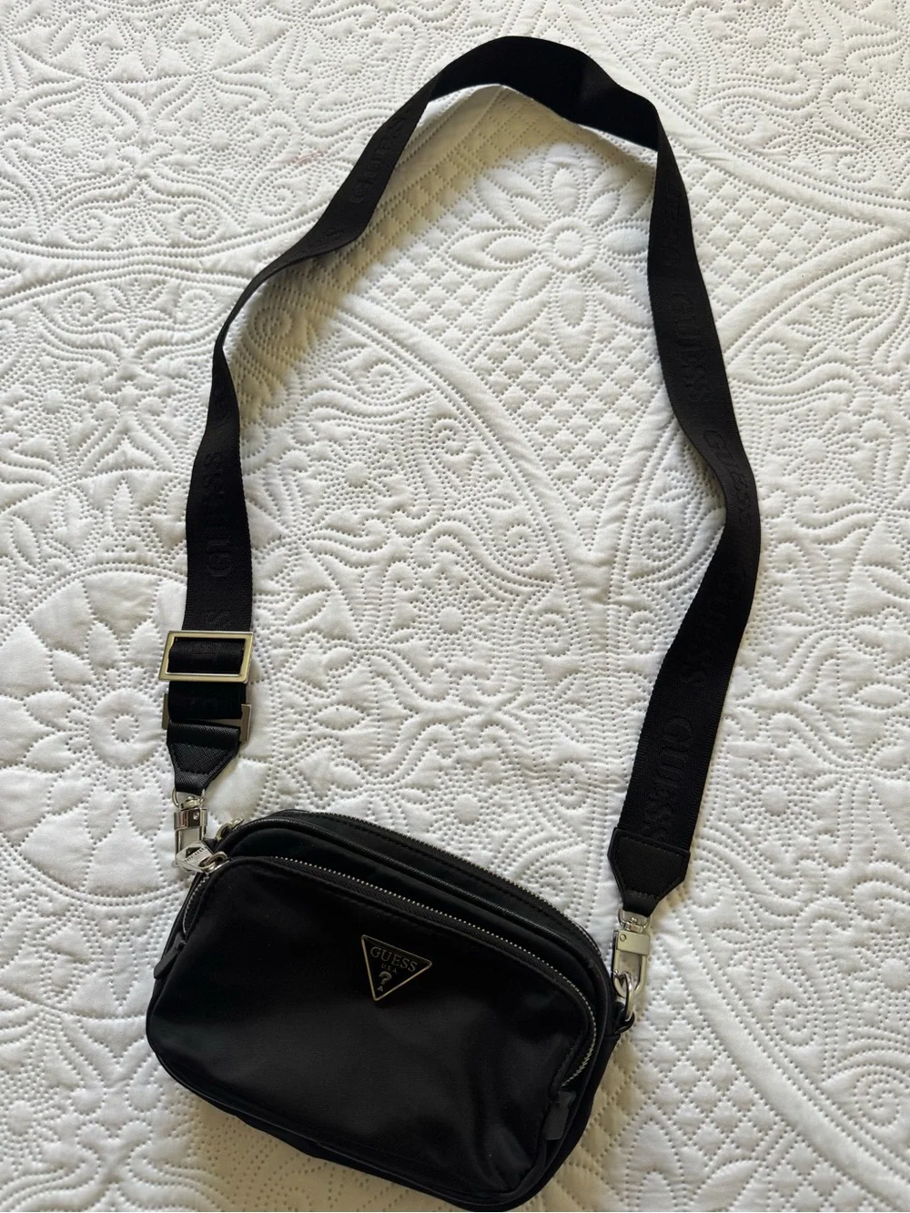 GUESS Black Crossbody Bag with Silver Logo Plate